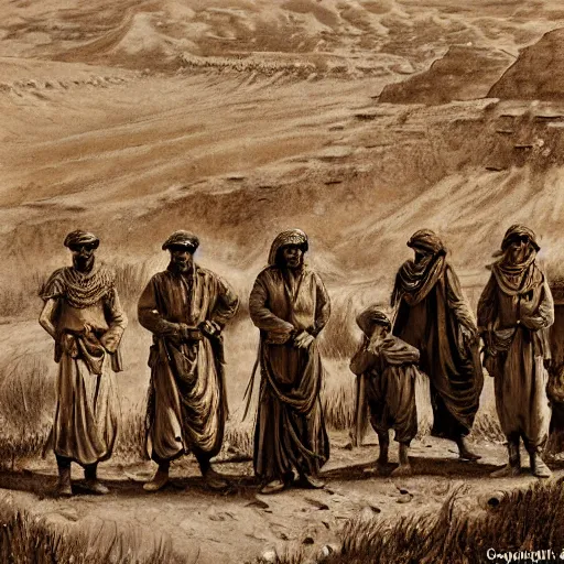 Image similar to ultra detailed photorealistic sepia - toned painting from 1 9 1 7, a small group of british soldiers standing with bedouin traders in traditional arab garb, at an archaeological dig site in wadi rum, ultra realistic, painted, intricate details, lovecraft, atmospheric, dark, horror, brooding, highly detailed, by clyde caldwell