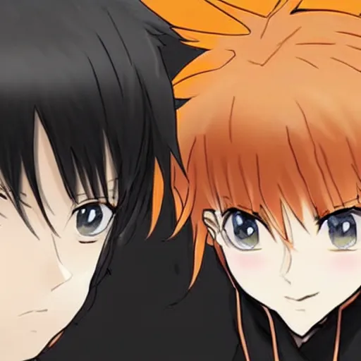 Image similar to orange - haired anime boy, 1 7 - year - old anime boy with wild spiky hair + 1 7 - year - old pale - skinned persian girl with black hair long bob cut, long bangs, black gothic jacket, ultra - realistic, sharp details, subsurface scattering, blue sunshine, intricate details, hd anime, 2 0 1 9 anime