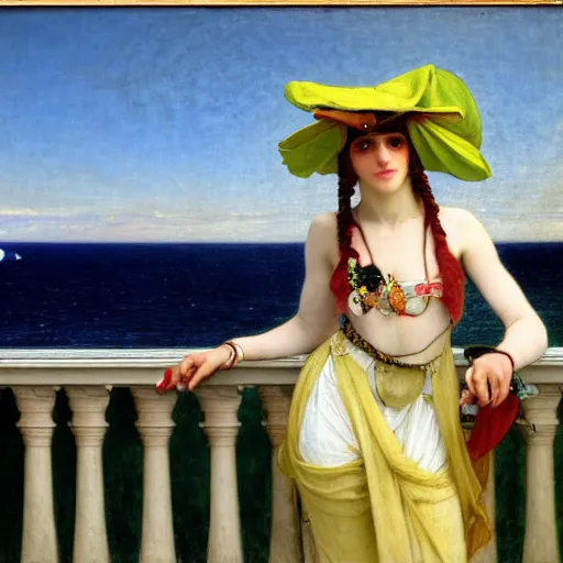 Image similar to A girl with jester hat and clothes on the front of a Balustrade with a beach on the background, major arcana clothes, by paul delaroche, alphonse mucha and arnold böcklin arnold böcklin hyperrealistic 8k, very detailed