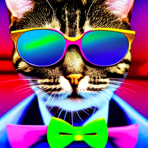 Prompt: A extremely highly detailed head and shoulders portrait of a highly detailed cute adorable retrowave cat wearing sunglasses and a bowtie, psychedelic synthwave, , psychedelic synthwave retrowave, high textures, hyper sharp, 8k, insanely detailed and intricate, precise textures, exact textures, accurate textures, highly detailed synthwave colors, highly detailed synthwave textures, synthwave, super detailed, 4k HDR hyper realistic high quality, octante render, elegant, retrowave, highly detailed retrowave desgn, highly detailed retrowave graphics, unreal engine 5, immaculate design, perfectly detailed in the style of synthwave retrowave Art