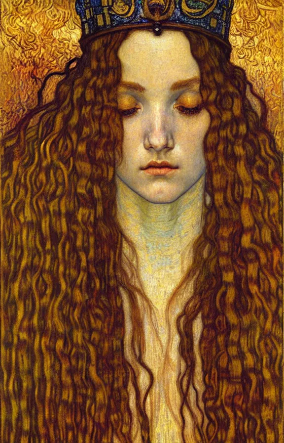 Image similar to detailed realistic beautiful young medieval queen face portrait by jean delville, gustav klimt and vincent van gogh, art nouveau, symbolist, visionary, gothic, pre - raphaelite, muted earthy colors, desaturated