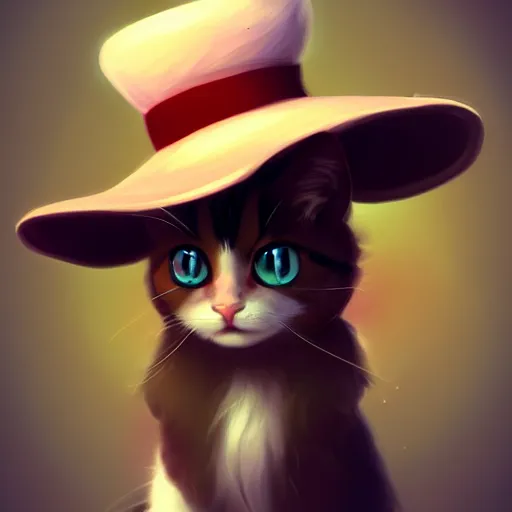 Image similar to a cute calico cat in a hat, artstation, cgsociety, storybook art