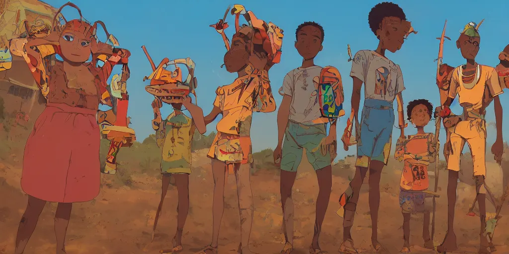 Image similar to a film still from Triplets of Belleville, 4 kids wearing African tribal masks with graffiti war paint stand together ready for battle in an open field in the middle of an African favela , medium shot, waist up, studio Ghibli, Pixar, Disney and animation anime key art by anime key art by Ian McQue, ilya kuvshinov and Greg Rutkowski, Bloom, dramatic lighting global illumination, muted red and grey