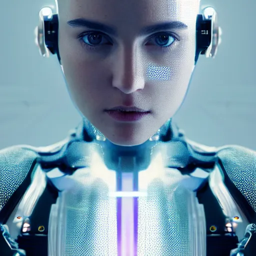 Prompt: portrait of a stunningly beautiful futuristic female robot, from the movie ex machina, depth of field, zeiss lens, detailed, symmetrical, centered, fashion photoshoot, by Annie Leibovitz and Steve McCurry, David Lazar, Jimmy Nelsson, Breathtaking, 8k resolution, extremely detailed, beautiful, establishing shot, artistic, hyperrealistic, beautiful face, octane render