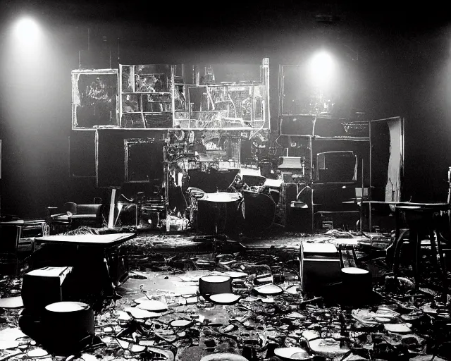 Prompt: diorama of a stage at a basement club, moody lights, broken computers and cables, glass shards, centered, composition by Tom Waits, 8k, concert documentary, b&w photography, cinematography by Jim Jarmusch, set design by Hundertwasser