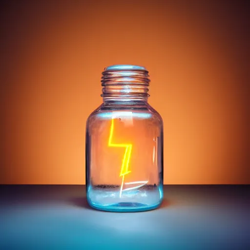 Image similar to lightning in a jar,photorealistic,studi photo,studio lighting,depth of field,focus lens