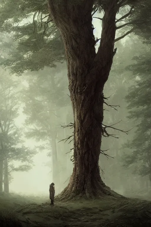 Image similar to The lonely tree in the middle of the forest, illustrated by Greg Rutkowski and Caspar David Friedrich., Trending on artstation, artstationHD, artstationHQ, 4k, 8k