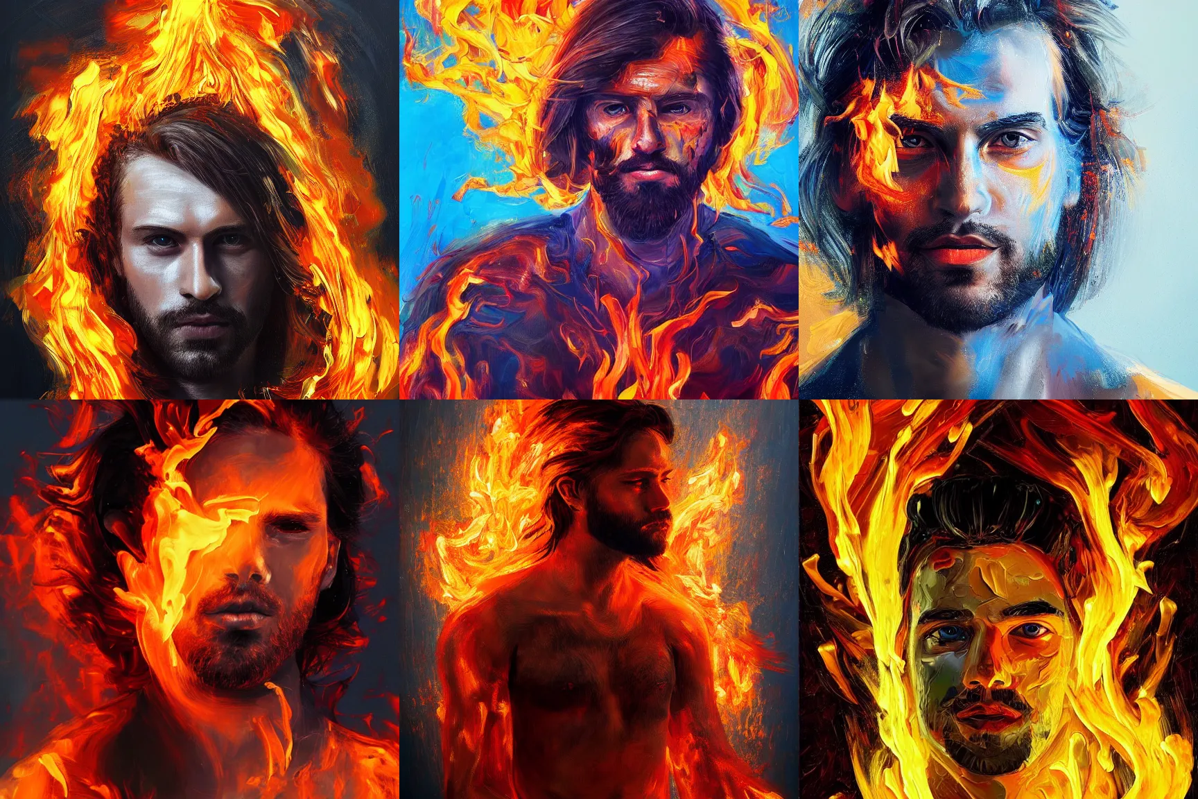 Prompt: A highly detailed 4k abstract painting of man on fire. Handsome. Long hair. portrait. ArtStation