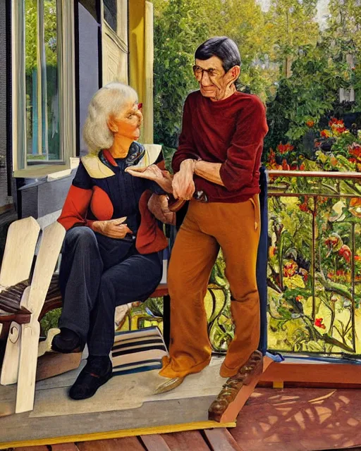 Prompt: a painting of leonard nimoy and janice rand sitting on a porch, a fine art painting by andre charles bieler and by ernest bieler and by jacob philipp hackert, shutterstock contest winner, german romanticism, wimmelbilder, detailed painting, academic art