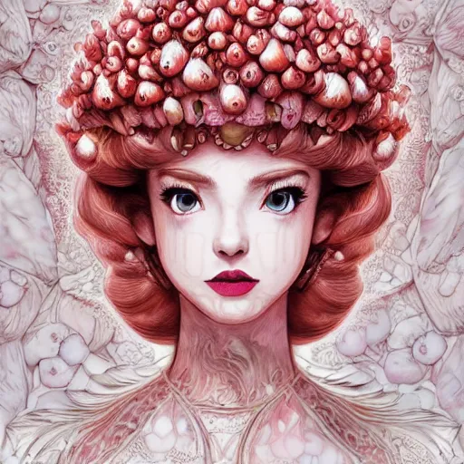 Image similar to the portrait of an absurdly beautiful, graceful, elegant, sophisticated, fashionable princess peach made of red and white spotted mushrooms and white petals, an ultrafine hyperdetailed illustration by kim jung gi, irakli nadar, intricate linework, bright colors, octopath traveler, final fantasy, unreal engine 5 highly rendered, global illumination, radiant light,