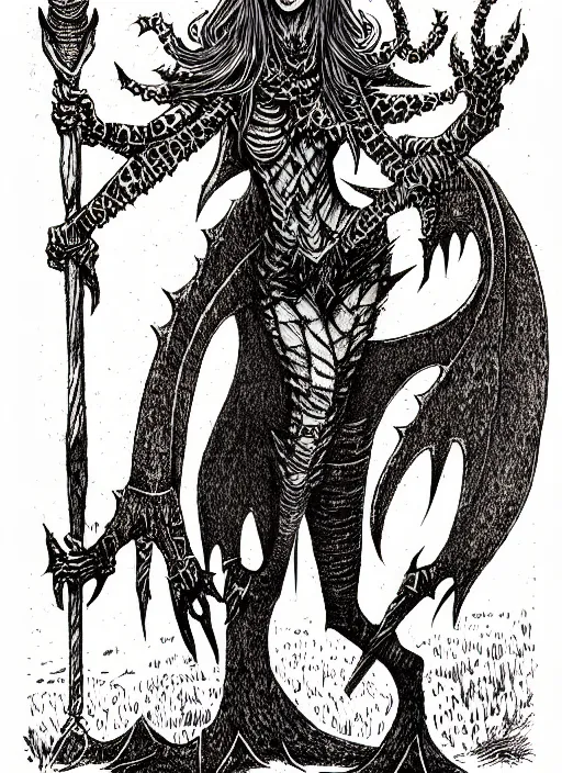 Image similar to cait sidhe as a d & d monster, full body, pen - and - ink illustration, etching, by russ nicholson, david a trampier, larry elmore, 1 9 8 1, hq scan, intricate details, inside stylized border