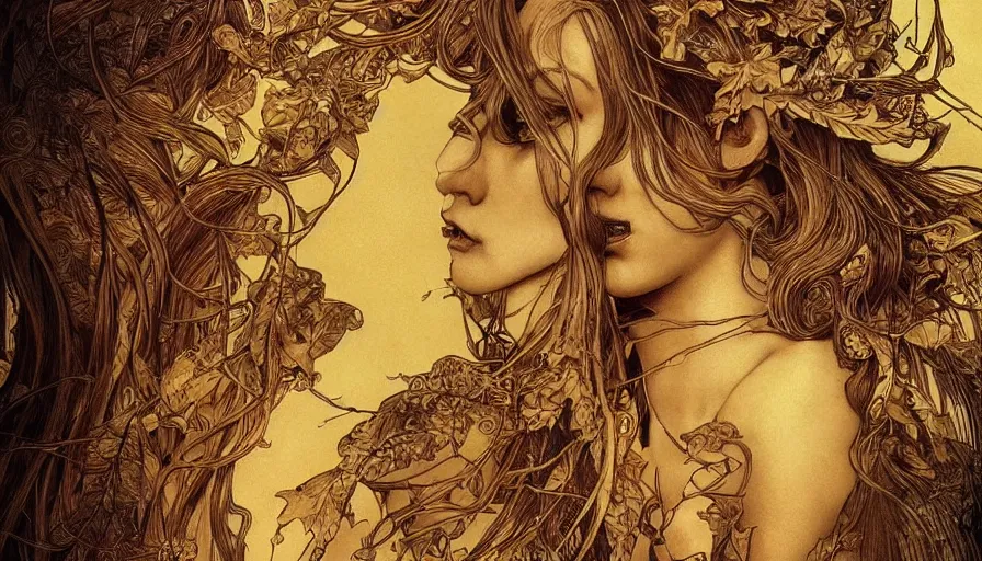 Prompt: golden leaves at frame border, magical lighting, creative!!! composition for a book cover!!!, absurdly beautiful, ultrafine hyperrealistic detailed old!! witch face by wlop and artgerm and alphonse mucha, intricate linework, sharp focus, smooth, octopath traveler, final fantasy, unreal engine, dramatic lighting, ethereal, 8 k