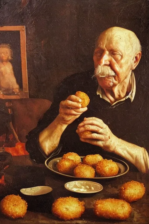 Image similar to mi grandfather eating croquettes, renaissance oil painting, dark environment