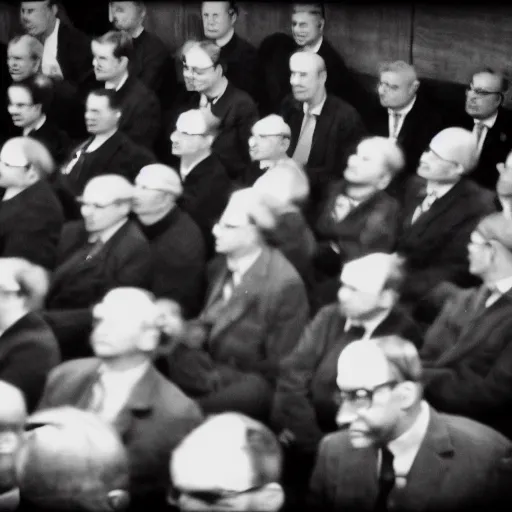 Image similar to The minions at the Nuremberg trials, monochrome, very low contrast, noise