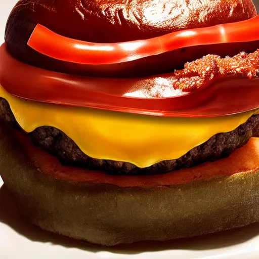 Image similar to A photorealistic close-up of a lava burger