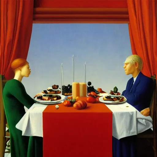 Image similar to a dinner fit for a king by Raphael, Hopper, and Rene Magritte. detailed, romantic, enchanting, trending on artstation.