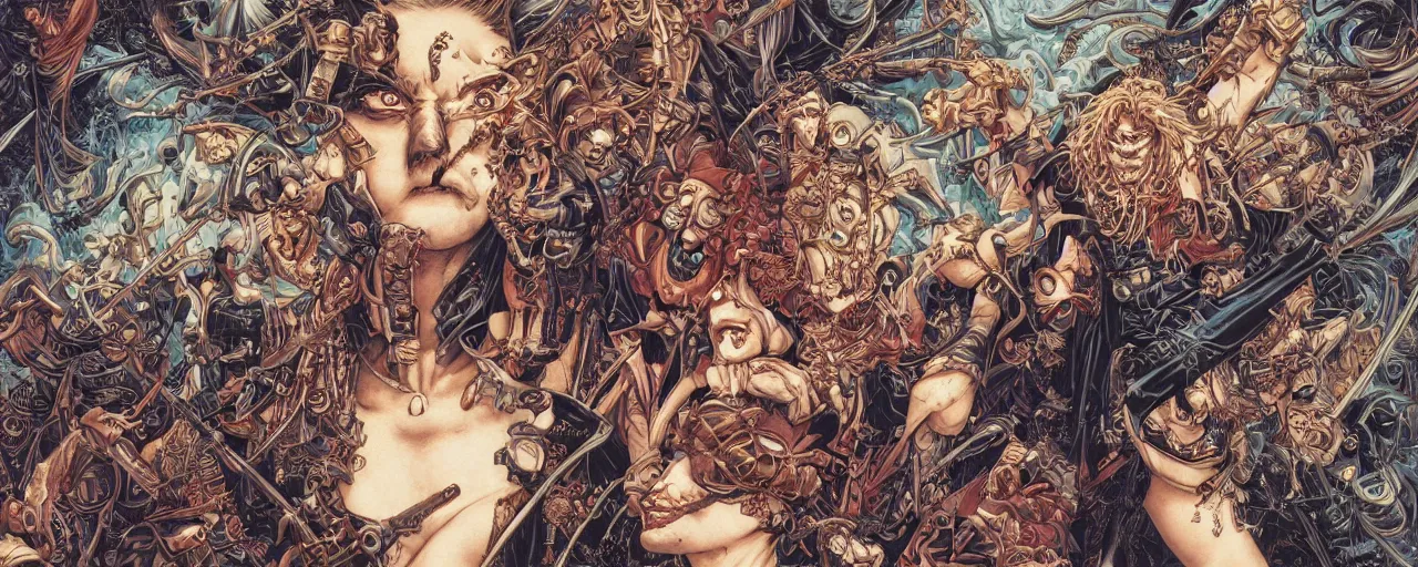 Image similar to portrait of crazy pirate, symmetrical, by yoichi hatakenaka, masamune shirow, josan gonzales and dan mumford, ayami kojima, takato yamamoto, barclay shaw, karol bak, yukito kishiro