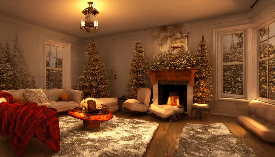 Image similar to spacious warm cozy snowplow interior, intricate and decorated, winter landscape outside, volumetric lighting, photorealistic rendering, hyperreal