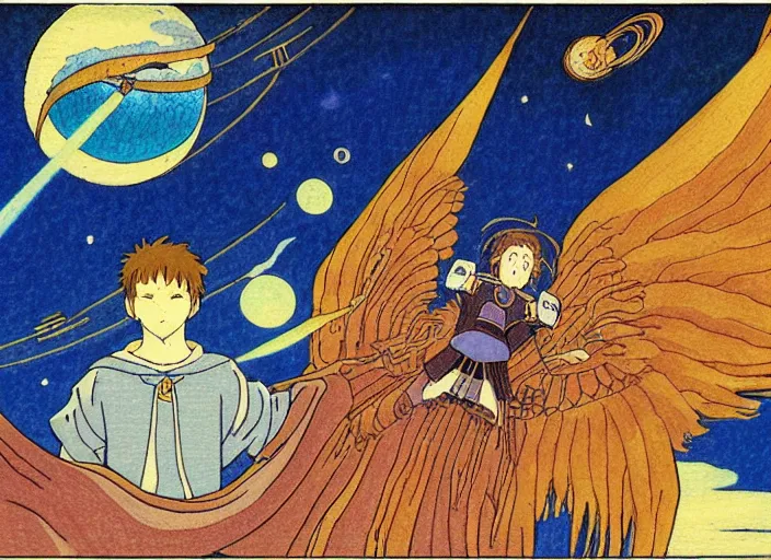 Image similar to a still frame in anime style, studio ghibli, ivan bilibin, medieval western bible sci - fi illustration of a person morphing into a bird, space station interior