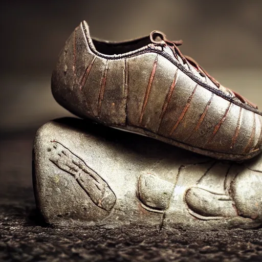 Prompt: a photo of a ancient medieval nike shoes, 4 k