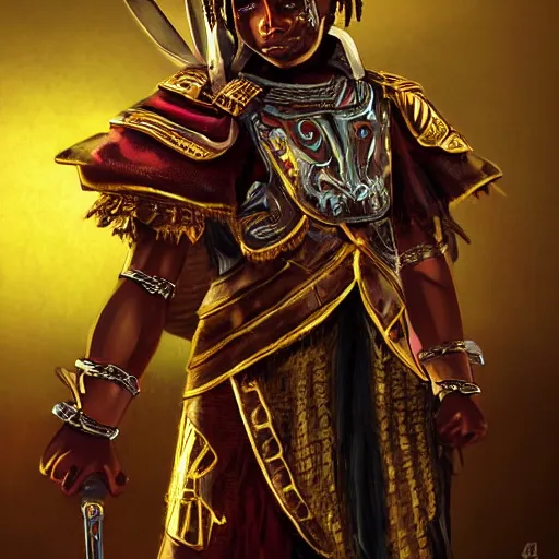 Image similar to a young black boy dressed like an african moorish warrior in gold armor and a crown with a ruby, and a glowing sword, for honor character digital illustration portrait design, by adi granov in a cyberpunk style, dramatic lighting, hero pose, wide angle dynamic portrait