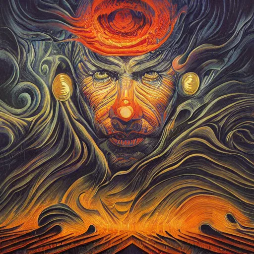 Prompt: god of fire, fog, surreal by dan mumford and umberto boccioni, oil on canvas