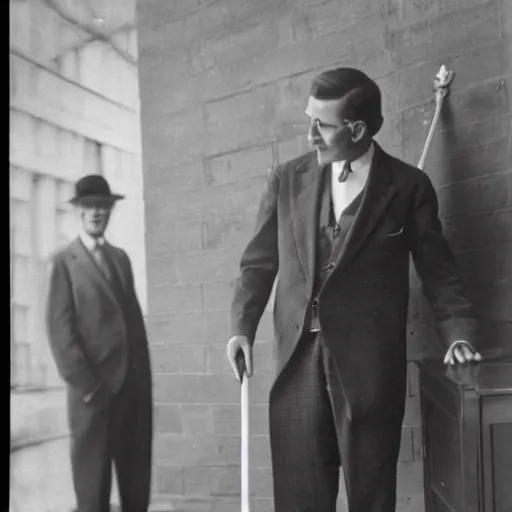 Prompt: a rutgers university president looking wistfully at a cane mounted on the wall of his office, 1 9 2 8