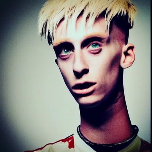 Image similar to “a realistic detailed photo of a guy who is an attractive humanoid who is half robot and half humanoid, who is a male android, rapper Machine Gun Kelly, shiny skin, posing like a statue, blank stare”