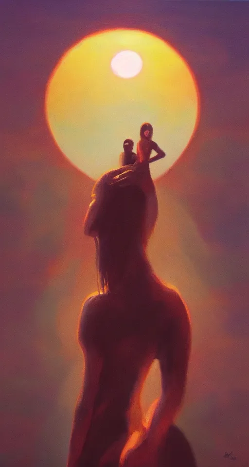 Image similar to the woman is like the setting sun, artstation, album cover, digital oil on canvas