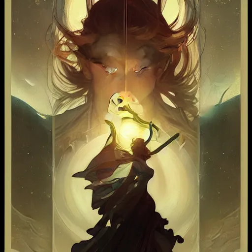 Image similar to the star tarot card, elegant, dramatic lighting, graphic art, volumetric lighting, sharp focus, detailled, by Krenz Cushart and Artem Demura and Alphonse Mucha