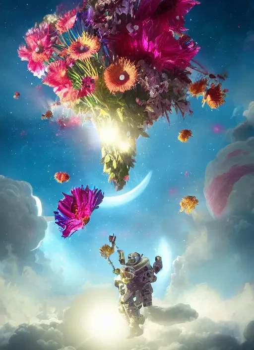 Image similar to An epic fantastic realism comic book style painting of the most beautiful flowers launched into space, bouquets, solar eclipse, fisheye, unreal 5, DAZ, hyperrealistic, octane render, dynamic lighting