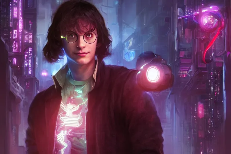 Image similar to portrait of cyborg Harry Potter in cyberpunk, neon lighting, portrait in center, digital art from artstation by Ruan Jia and Mandy Jurgens and Artgerm and william-adolphe bouguereau and Greg Rutkowski and Wayne Barlowe