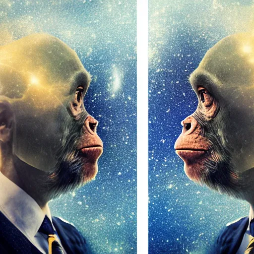 Prompt: double exposure portrait split in the middle, showcasing one astronaut and one chimpanzee in a suit posing with space in the background, pencil art, high definition, dynamic lighting stars, sharpness, golden ratio