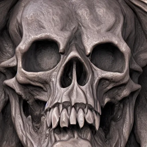 Prompt: gothic sculpture of gargoyle skull, with decorative floret design surrounding, deep texture, intense detail, hyperealism, 4 k
