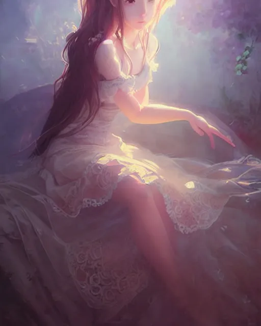 Prompt: aerith gainsborough in lace skirt, portrait, illustration, rim light, top light, perfectly shaded, soft painting, art by krenz cushart and wenjun lin