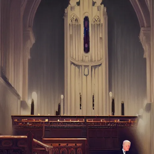 Prompt: masterpiece oil painting of Joe Biden playing the pipe organ at a church, by Greg Rutkowski, trending on artstation