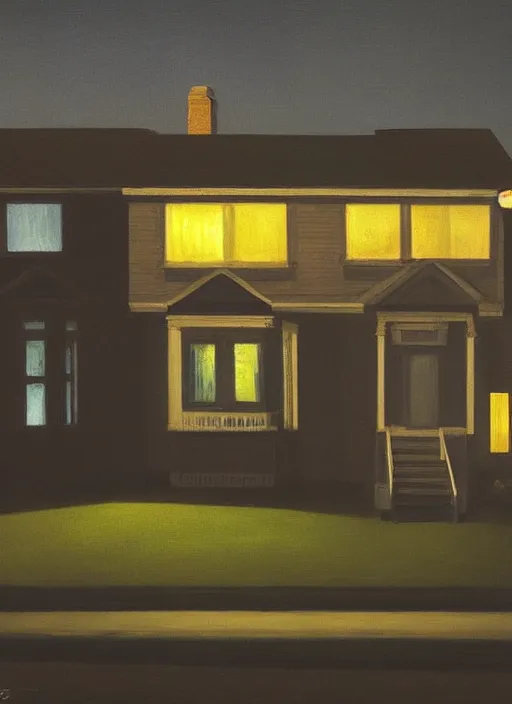 Prompt: small suburban houses in America at night by Edward Hopper, fantasy, moody lighting, dark mood, imagination, nighthawks, cinematic