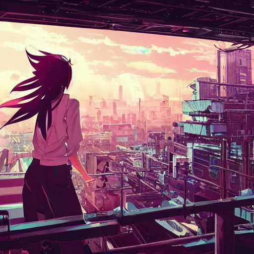 Prompt: android mechanical cyborg anime girl overlooking overcrowded urban dystopia. long flowing hair. scaffolding. pink pastel clouds. gigantic future city. pitch black night. raining. makoto shinkai. wide angle. distant shot. dark and dreary.