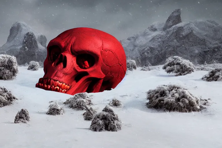 Prompt: a large red skull sitting in the middle of a snow covered field, a matte painting by pascal blanche, featured on behance, new sculpture, matte painting, apocalypse art, apocalypse landscape