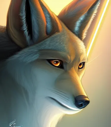 Image similar to beautiful portrait of a female anthro furry coyote wearing jedi robes. character design by charlie bowater, ross tran, artgerm, and makoto shinkai, detailed, soft lighting, rendered in octane