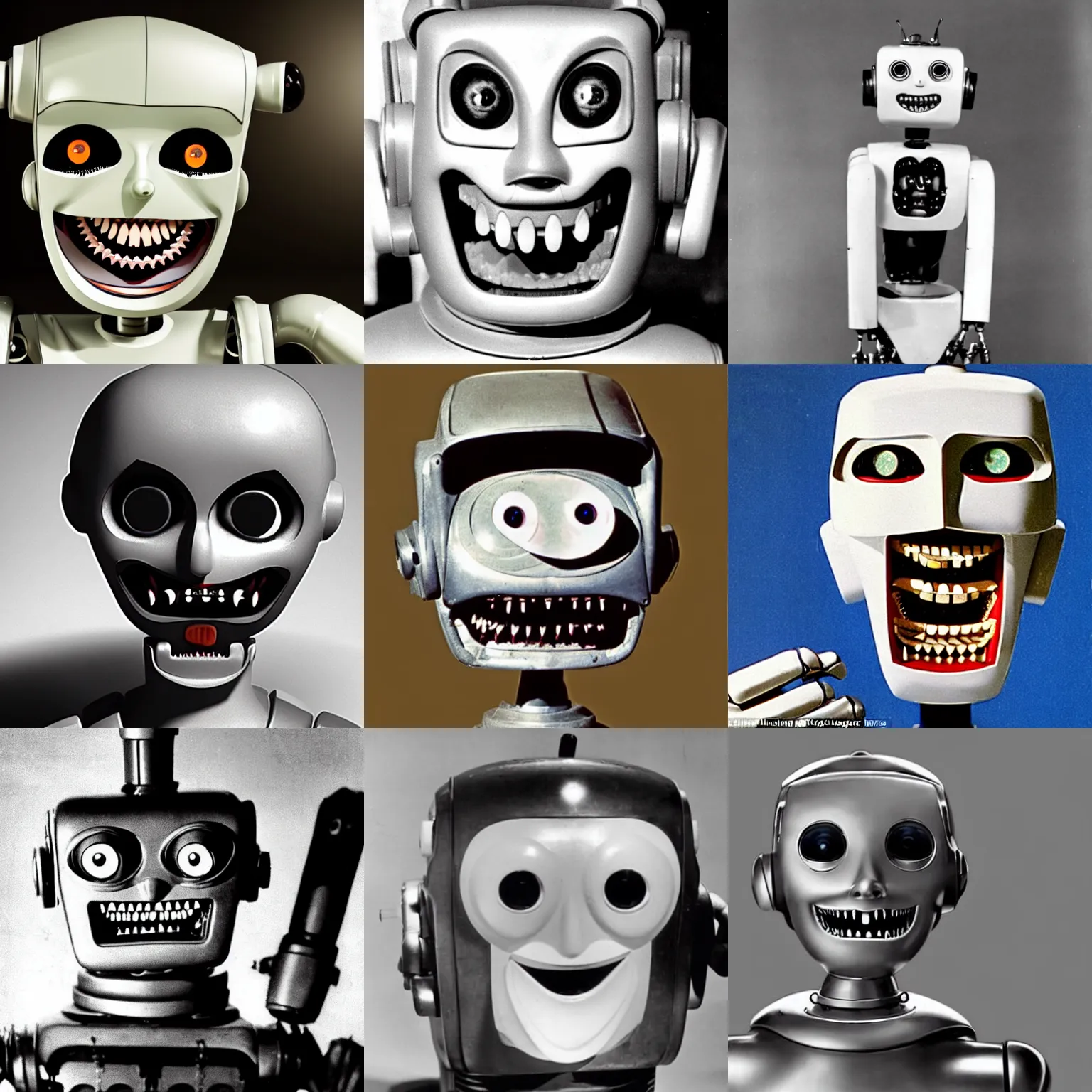 Prompt: a creepy unsettling robot created in 1950. scary teeth, wide eyes with small pupils, uncanny valley