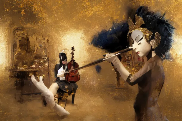 Image similar to craig mullins and ghibli digital art of on the stage of the theater, a masked female violinist performs alone, dressed in exotic costumes, gold jewelry, and black hair realistic shading, cinematic composition, realistic render, octane render, detailed textures, photorealistic, wide shot