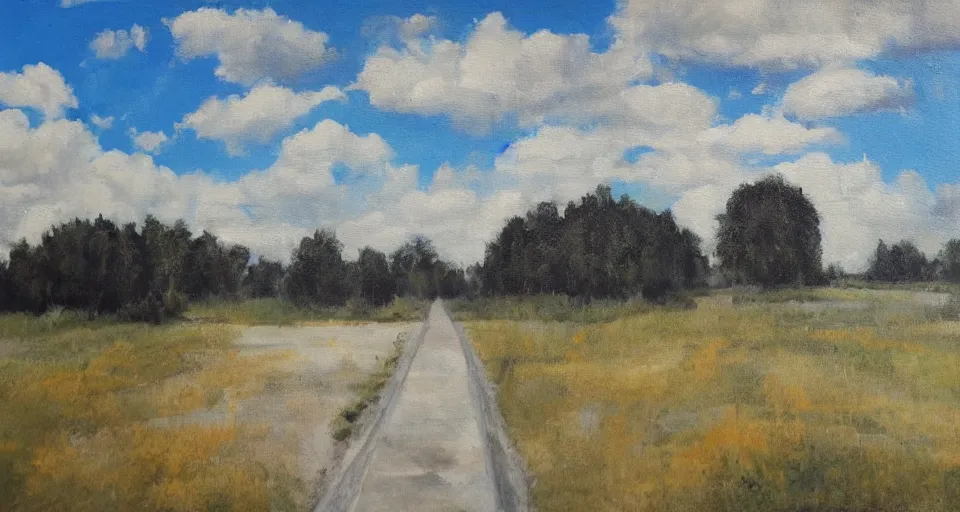 Image similar to an endless flat world of concrete, overgrown with vegetation, blue sky with clouds, beautiful painting, oil on canvas, by Ewa Czarniecka, award winning masterpiece,