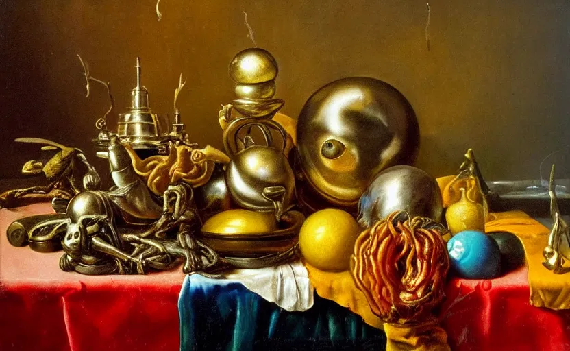 Image similar to disturbing colorful oil painting dutch golden age vanitas still life with bizarre objects strange gooey surfaces shiny metal bizarre insects rachel ruysch dali todd schorr very detailed perfect composition rule of thirds masterpiece canon 5 0 mm, cinematic lighting, photography, retro, film, kodachrome