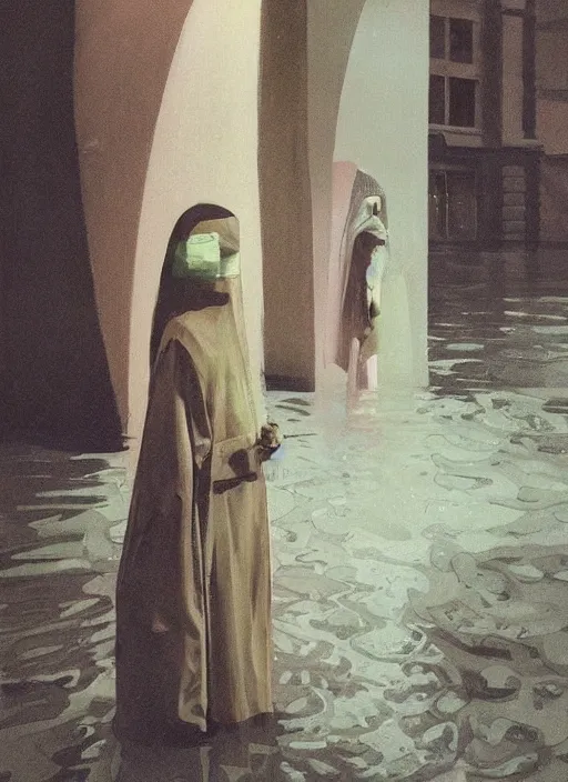 Image similar to woman in a translucent clothing made from plastic bag with paper bags for clothes standing inside paper bags with paper bag over the head at store display on flooded night street Edward Hopper and James Gilleard, Zdzislaw Beksinski, highly detailed