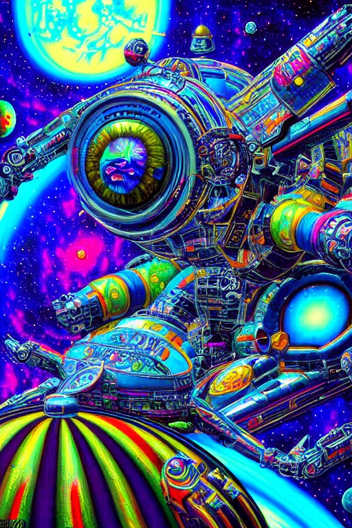 Image similar to maximalist detailed space scene lowbrow scifi artwork by kidsquidy. ray tracing hdr polished sharp in visionary psychedelic fineart style