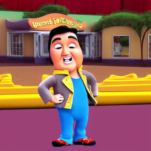 Image similar to elvis presley with pretzel!!!! legs, pixar character, stage background, pixar, 3 d,