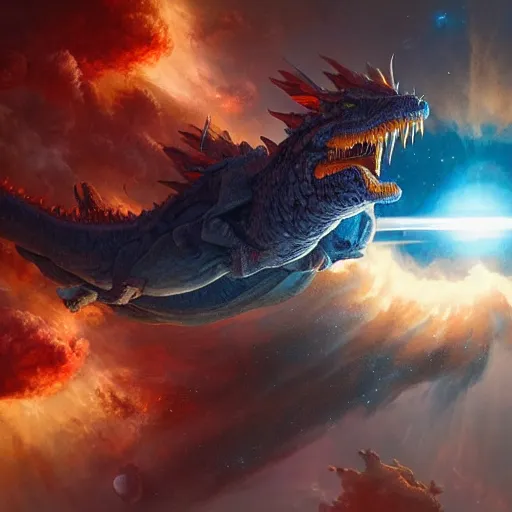 Prompt: Gigantic blue scaled dragon devouring an earth like planet while flying in space, sun system, behemoth, nebula, oil painting, by Greg Rutkowski