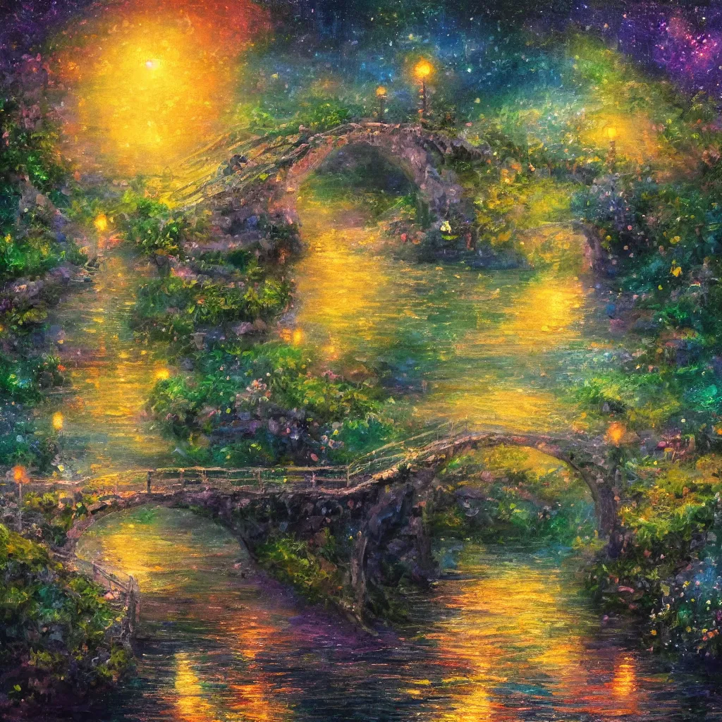 Prompt: fairyland bridge, outside of time and space, dreamy, romantic, dusk, expressive impressionist style, highly detailed, 8 k