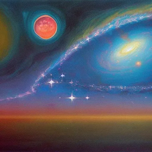 Image similar to sometimes forget there is purpose in all this and then i remember how far we've come, ( 1 9 5 5 ) awe inspiring cosmic scifi oil painting